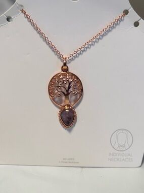 Rose Gold Tree of Life Pendant Necklace with Amethyst Teardrop
